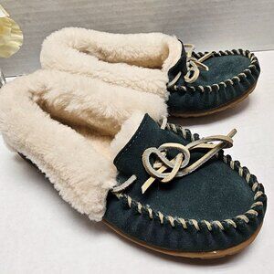 Womens LL Bean Moccasin Slippers Shearling Suede Loafers Rubber Soles 1002664 5